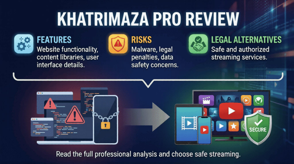 Khatrimaza Pro is an illegal media piracy website that distributes copyrighted movies and television shows without authorization, creating serious cybersecurity risks and legal liabilities for users.
